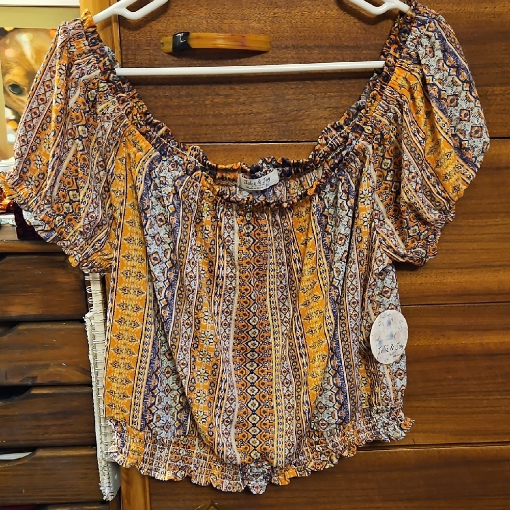 Bohemian Off-Shoulder Top in Orange and Blue 3X NWT